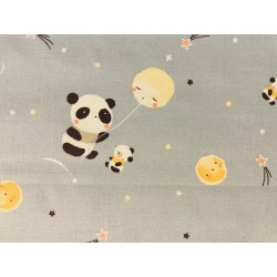 Tissu Panda et lune Huanlili sur fond bleu ciel - Coton OekoTex