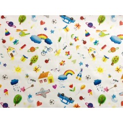 Tissu Ecole et voyage sur fond blanc - Coton bio GOTS