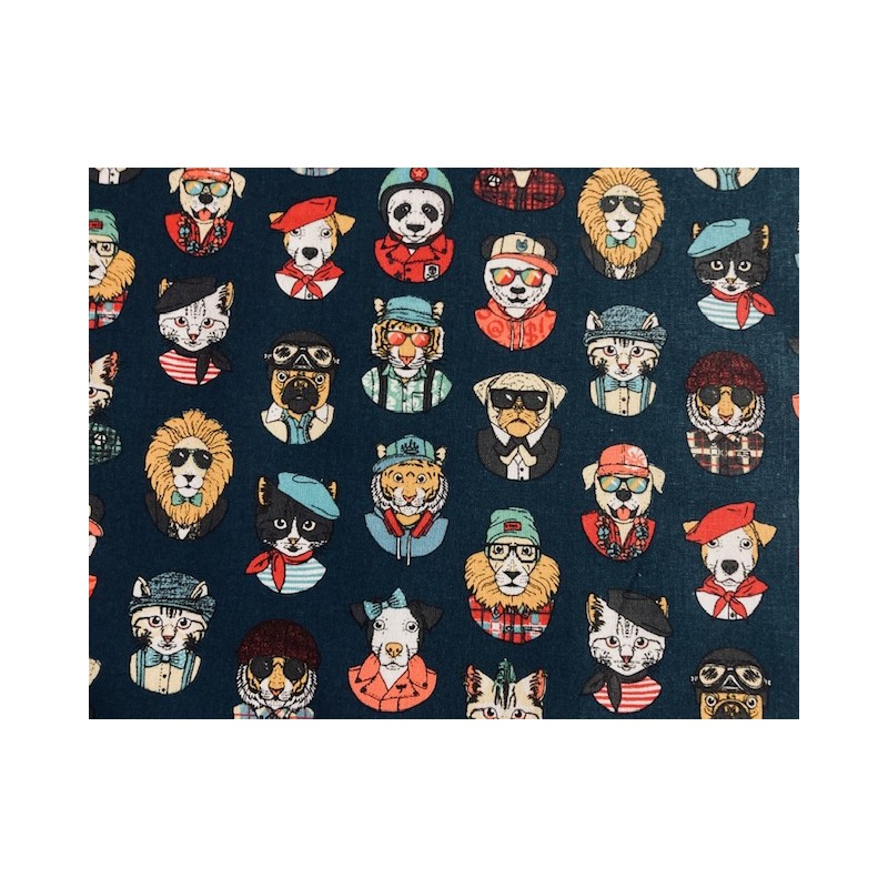 Tissu Personality Animaux hipsters fond pétrôle - Coton OekoTex Tissu pas cher petit prix