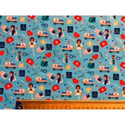 Tissu Equipe Médicale fond bleu - Coton GOTS