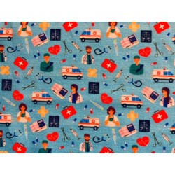Tissu Equipe Médicale fond bleu - Coton GOTS