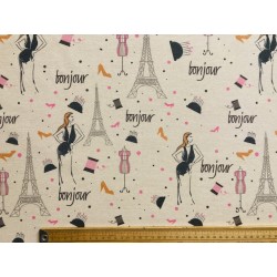 Tissu Bonjour Paris mode et couture sur fond beige - Polycoton