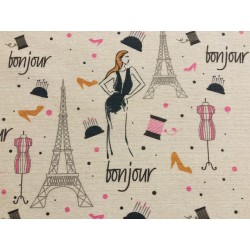 Bonjour Paris mode et couture sur fond beige - Polycoton