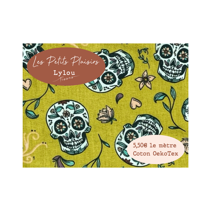 Tissu Calaveras fond bleu canard - Coton OekoTex petit prix