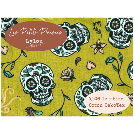 Tissu Calaveras fond bleu canard - Coton OekoTex petit prix