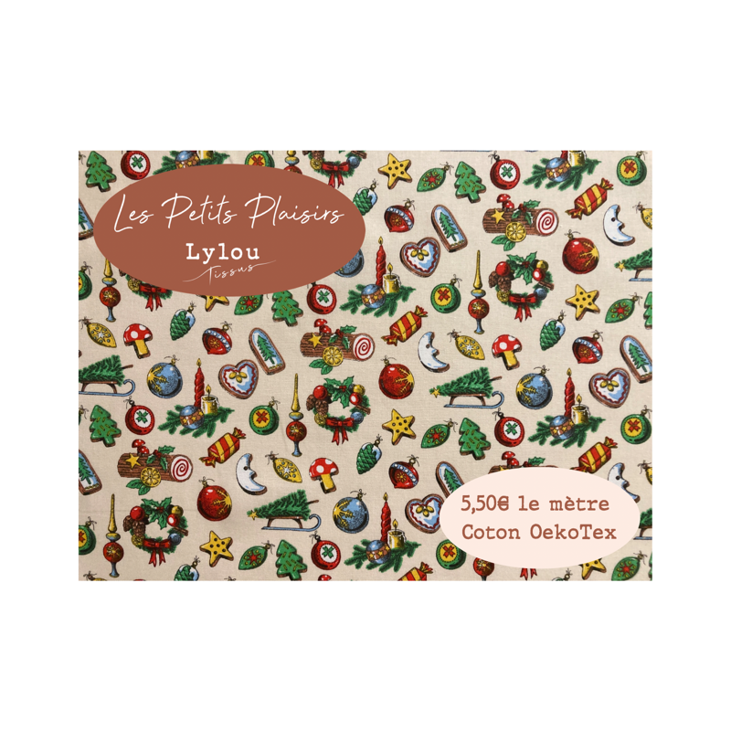 Tissu petit prix Noël Christmas Time fond beige - Coton OekoTex