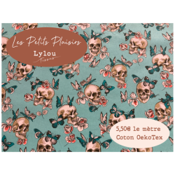 Tissu petit prix Halloween Cranes et papillons fond turquoise - Coton OekoTex