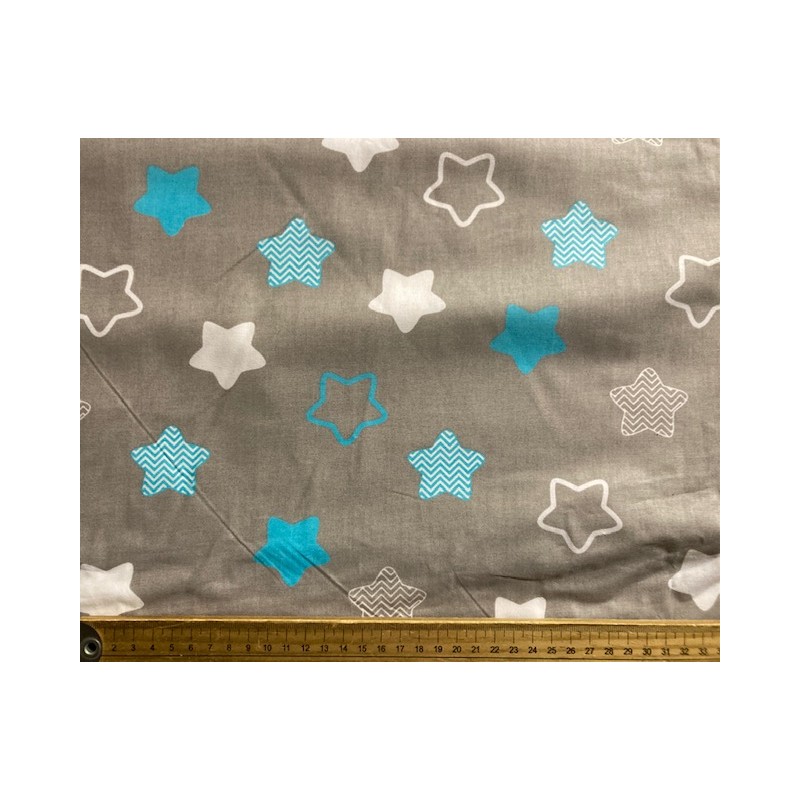 Tissu petit prix : Etoiles turquoises et blanches fond gris - Coton OekoTex