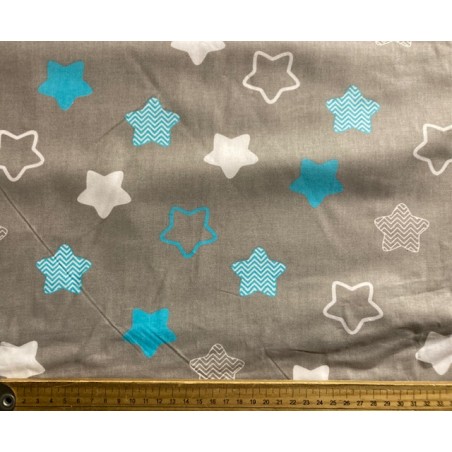 Tissu petit prix : Etoiles turquoises et blanches fond gris - Coton OekoTex