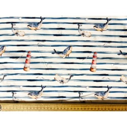 Tissu Popeline baleines et phares sur fond marinière Rayures bleues  - Coton OekoTex