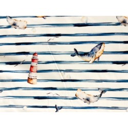 Tissu Popeline baleines et phares sur fond marinière Rayures bleues  - Coton OekoTex