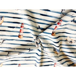 Tissu Popeline baleines et phares sur fond marinière Rayures bleues  - Coton OekoTex