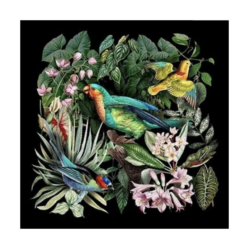 Tissu Carré velours : Oiseaux tropicaux et fleurs