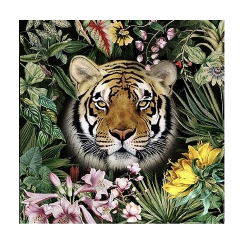 Tissu Carré velours : Tigre et fleurs