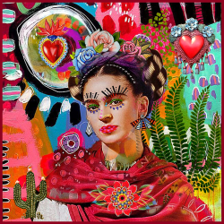 Carré simili 43*43cm : Frida Ex-voto cœurs mexicains fond coloré