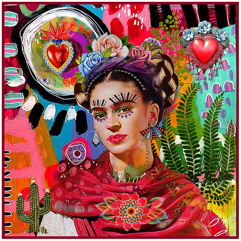 Carré simili 43*43cm : Frida Ex-voto cœurs mexicains fond coloré