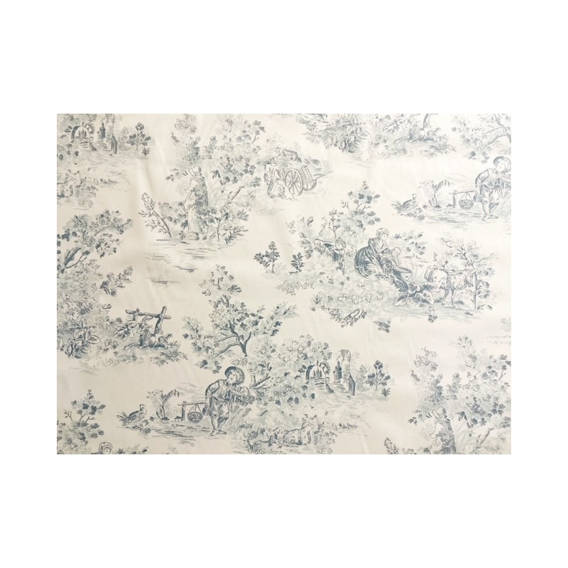 Tissu Toile de Jouy Manon bleu sur fond blanc - Coton percale OekoTex