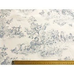 Tissu Toile de Jouy Manon bleu sur fond blanc - Coton percale OekoTex
