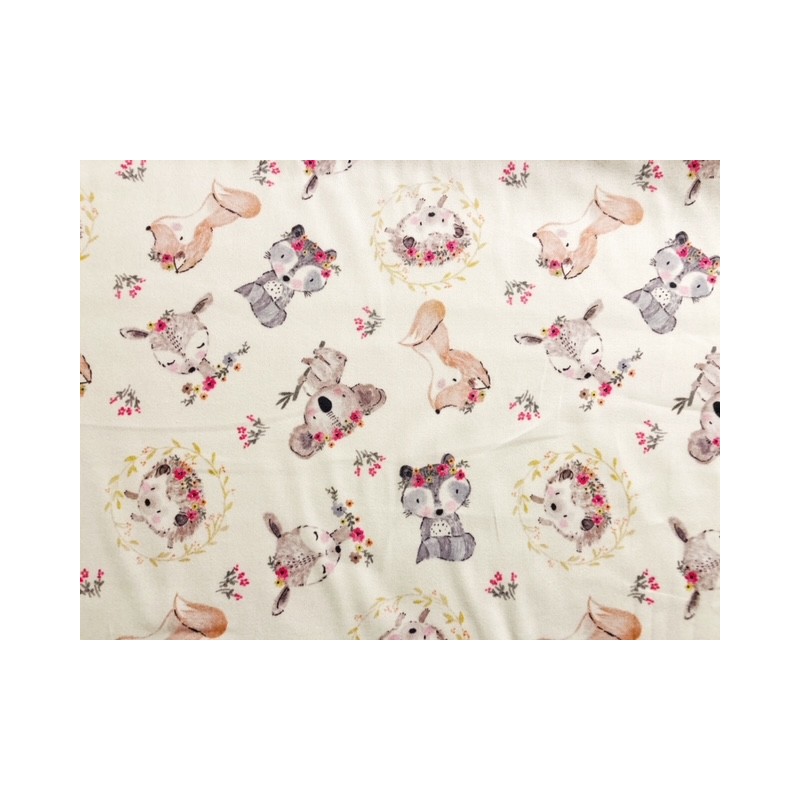 Tissu Koala, renard, hérisson, biche, fond blanc - Satin de Coton bio GOTS