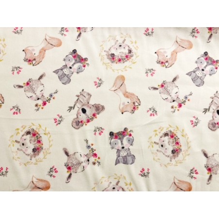 Tissu Koala, renard, hérisson, biche, fond blanc - Satin de Coton bio GOTS