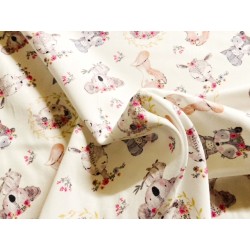 Tissu Koala, renard, hérisson, biche, fond blanc - Satin de Coton bio GOTS