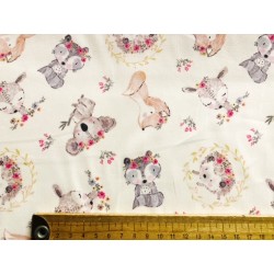 Tissu Koala, renard, hérisson, biche, fond blanc - Satin de Coton bio GOTS