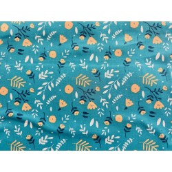 Popeline de coton Katia Aladdin fleurs sur fond turquoise