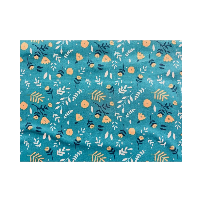 Popeline de coton Katia Aladdin fleurs sur fond turquoise