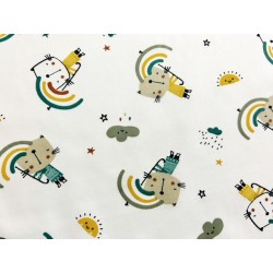 Tissu Méto chat et parapluie arc en ciel fond blanc - Coton OekoTex