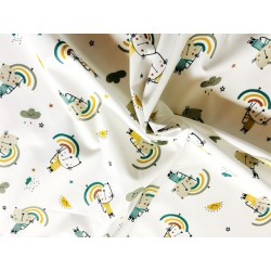 Tissu Méto chat et parapluie arc en ciel fond blanc - Coton OekoTex