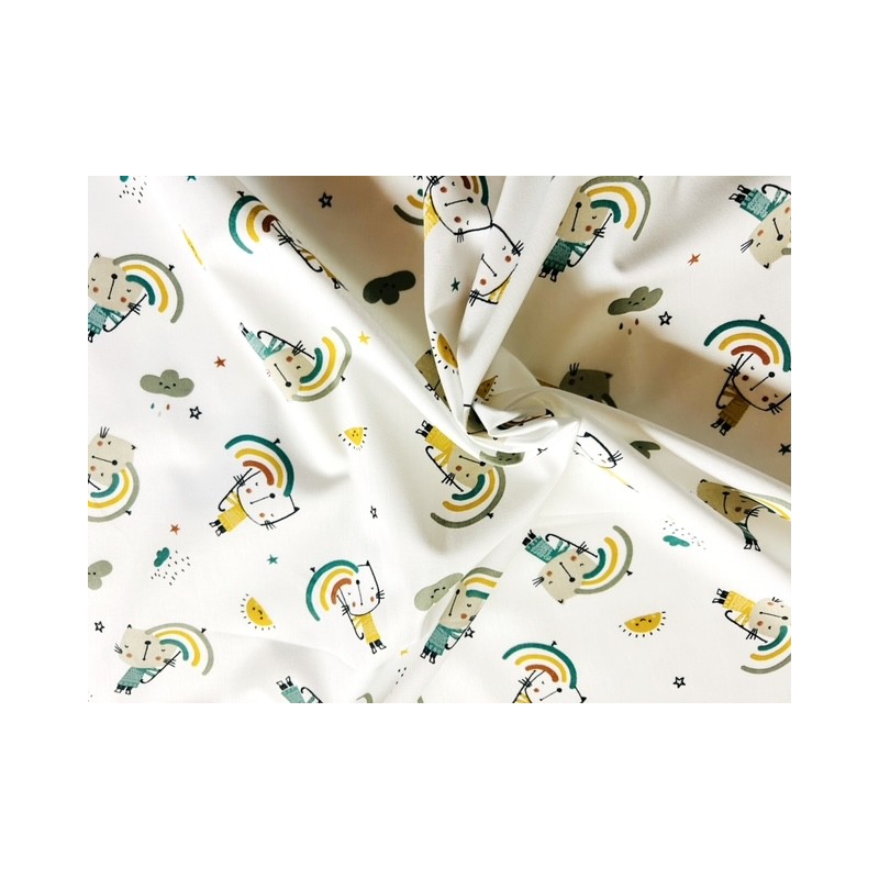 Tissu Méto chat et parapluie arc en ciel fond blanc - Coton OekoTex