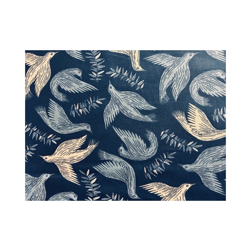 Tissu Mockingjay Hirondelles fond indigo - Coton OekoTex