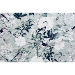 Tissu Moineaux et fleurs sur fond vert de gris - Coton Premium
