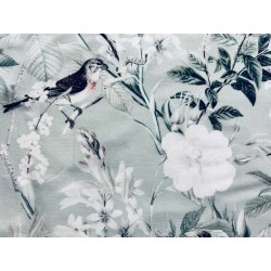 Tissu Moineaux et fleurs sur fond vert de gris - Coton Premium