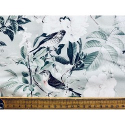 Tissu Moineaux et fleurs sur fond vert de gris - Coton Premium