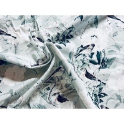 Tissu Moineaux et fleurs sur fond vert de gris - Coton Premium