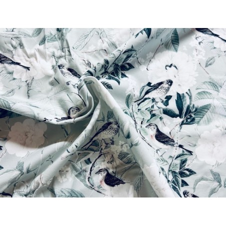 Tissu Moineaux et fleurs sur fond vert de gris - Coton Premium