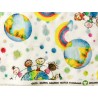 Tissu Enfants du monde et arc en ciel sur fond blanc - Coton bio GOTS