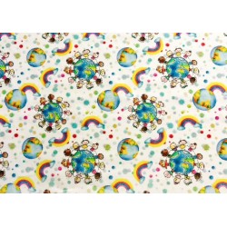 Tissu Enfants du monde et arc en ciel sur fond blanc - Coton bio GOTS
