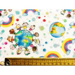Tissu Enfants du monde et arc en ciel sur fond blanc - Coton bio GOTS