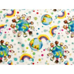 Tissu Enfants du monde et arc en ciel sur fond blanc - Coton bio GOTS
