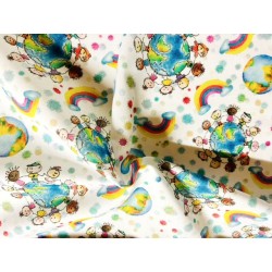 Tissu Enfants du monde et arc en ciel sur fond blanc - Coton bio GOTS