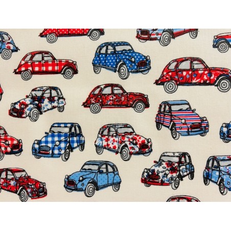 Tissu petit prix : Dedeuche bleu blanc rouge fond beige - Coton OekoTex