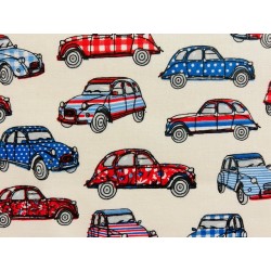 Tissu petit prix : Dedeuche bleu blanc rouge fond beige - Coton OekoTex