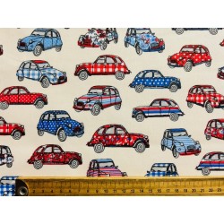 Tissu petit prix : Dedeuche bleu blanc rouge fond beige - Coton OekoTex
