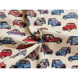 Tissu petit prix : Dedeuche bleu blanc rouge fond beige - Coton OekoTex