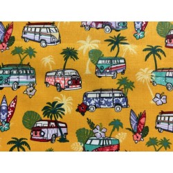 Tissu petit prix : Vans et surfs sur fond safran - Coton OekoTex
