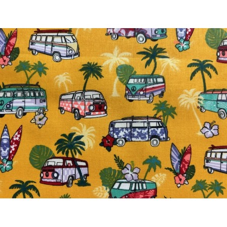 Tissu petit prix : Vans et surfs sur fond safran - Coton OekoTex
