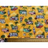 Tissu petit prix : Vans et surfs sur fond safran - Coton OekoTex