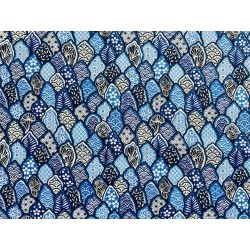 Tissu Matcha feuilles aux motifs japonisant fond bleu - Coton OekoTex